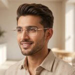 Rose gold rimless geometric glasses for men and women in Pakistan – lightweight premium eyewear.